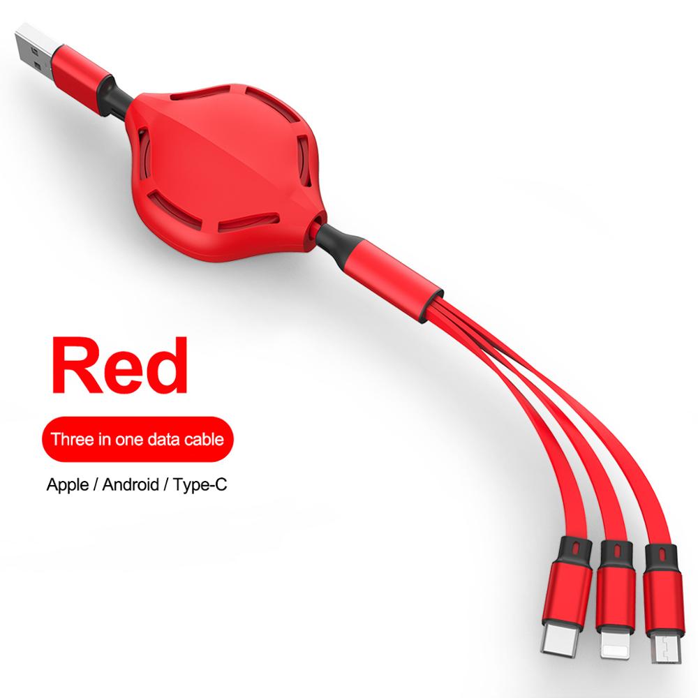 Rétractable 3in1 2in1 USB Type C Micro USB 8 broches câble pour iPhone Huawei chargeur câble 110cm 2A charge rapide USB C câble: Rouge