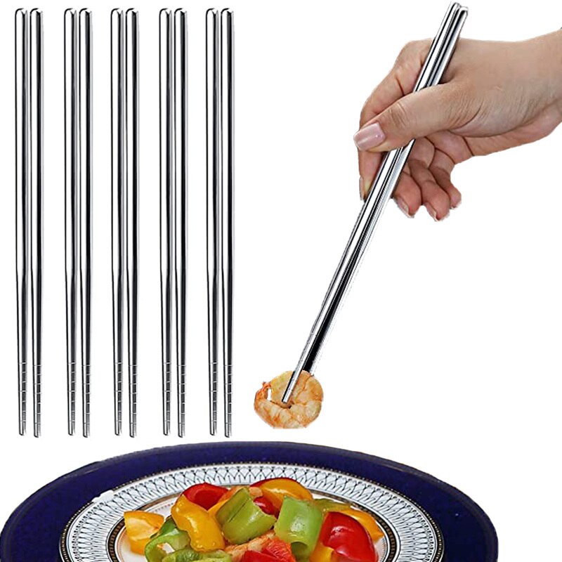 Stainless Steel Chopsticks Set Chinese Metal Non-slip Steel Chopstick Kit Portable Reusable Food Sushi Sticks Home Kitchen Tools