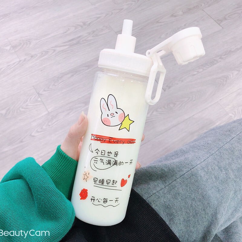Botella de agua de cristal con pajita para niños y adultos, chupete bonito con personalidad creativa, portátil, b