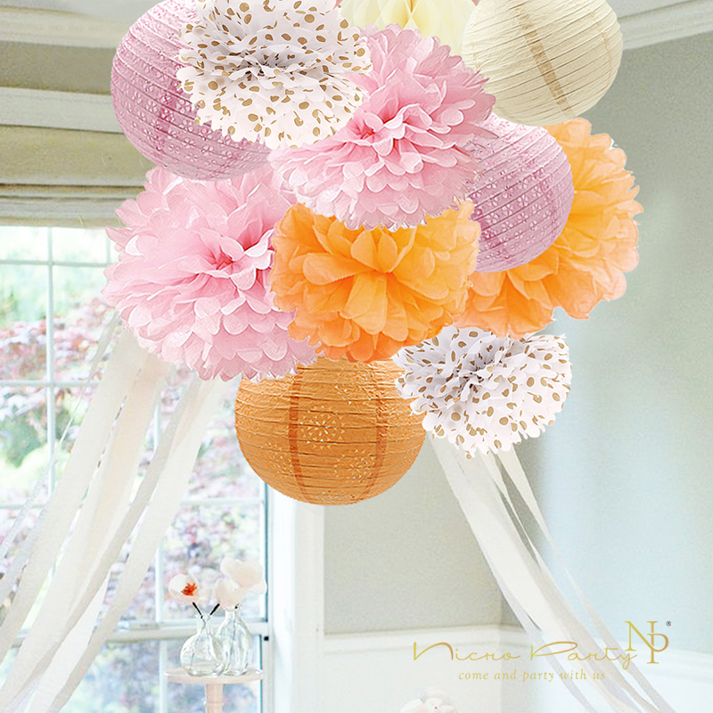Nicro 11 stuks/set roze & oranje tissuepapier bloem papieren lantaarn honingraat voor verjaardagsfeestjes bruiloften en verlovingen kinderdag