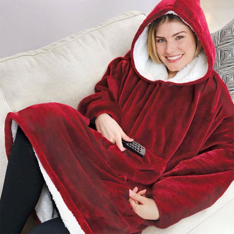 Wearable Flanel Tv Deken Comfortabel Fleece Warme Truien Badjas Outdoor Pocket Hoodie Volwassen En Kinderen Sherpa Dekens: Red