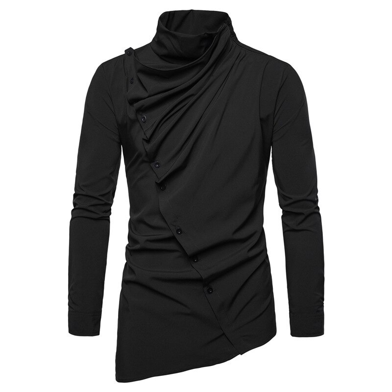 Lente Herfst Mannen Met Lange Mouwen Shirts High Street Tij Hoge Hals Shirt Solid Casual Hip Hop Streetwear Knop shirt Mannen: Black / L