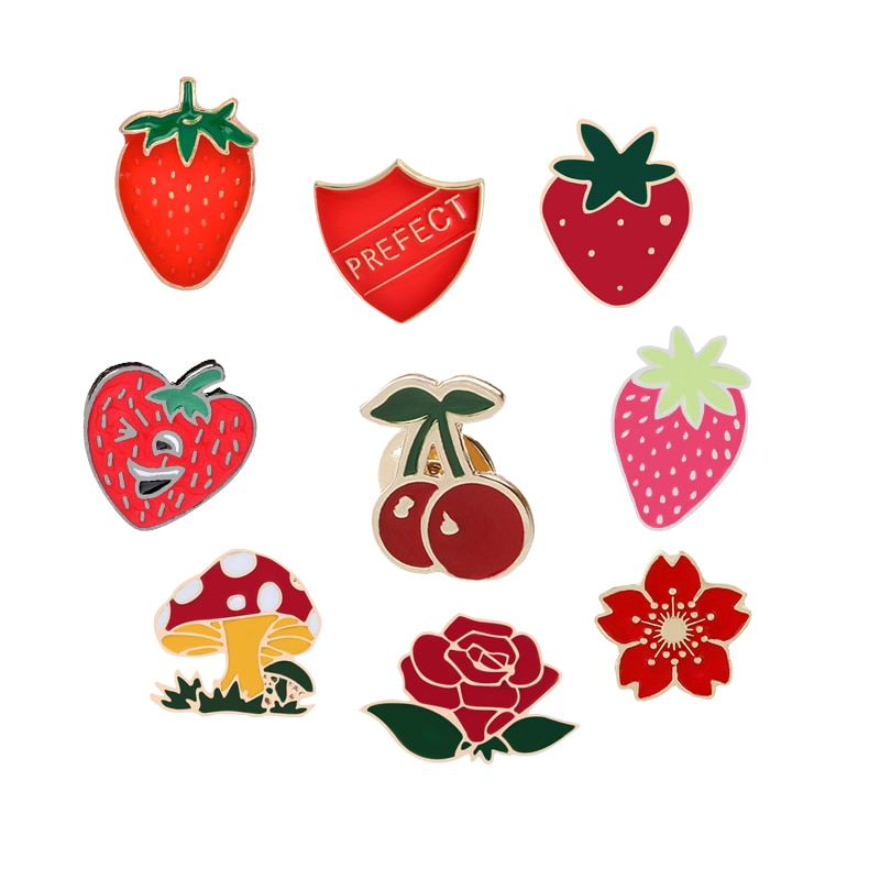 Meisjes Cartoon Broche Aardbei Cherry Emaille Pins Mode Paddestoel Rose Vruchten Knop Badge voor Vrouwen Jassen Revers Pin Sieraden