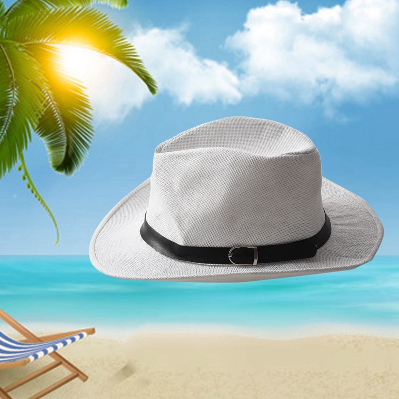 Summer Men Hat Straw Hat Cowboy Hat WESTERN COWBOY Cavalry Hatband White