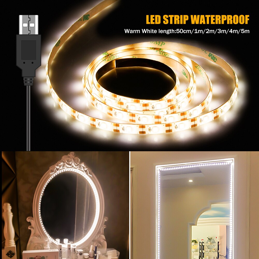 Luz LED para espejo de maquillaje, luces de tocador Hollywood impermeables de 5V, 1M, 2M, 3M, 4M, 5M, para decoración de baño