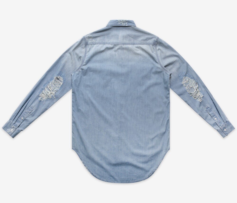 Mens Hip Hop Blue Cowboy shirts For Male Long Sleeve Streetwear Tops Men shirts Clothes Distressed Denim Man Shirts