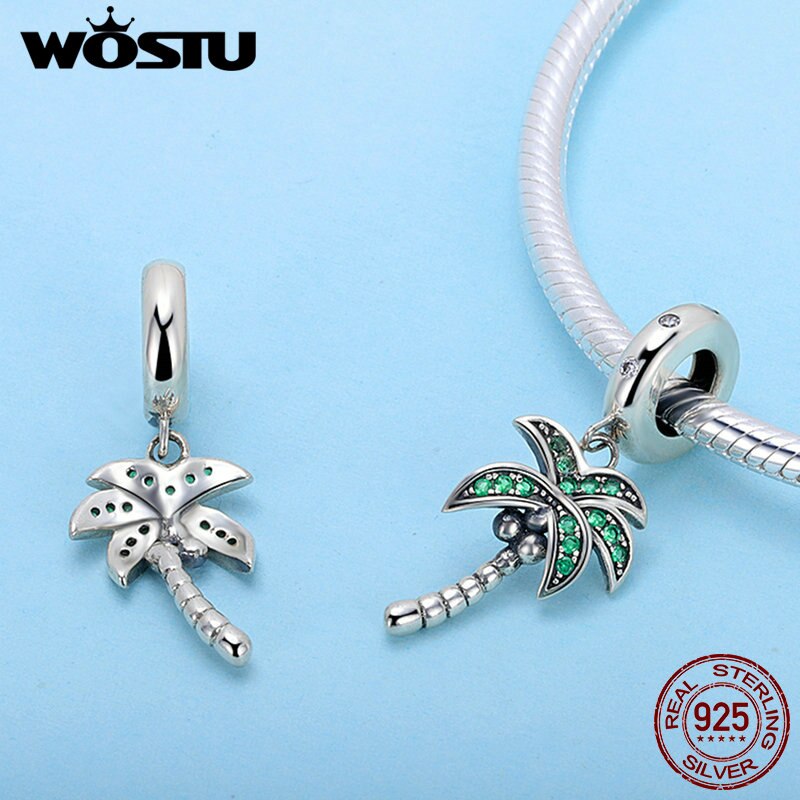 WOSTU Echt 925 Sterling Silber Funkelnden Palme Baum Charme Mit Klaren CZ passen Original Armbinde Anhänger Authentische Schmuck