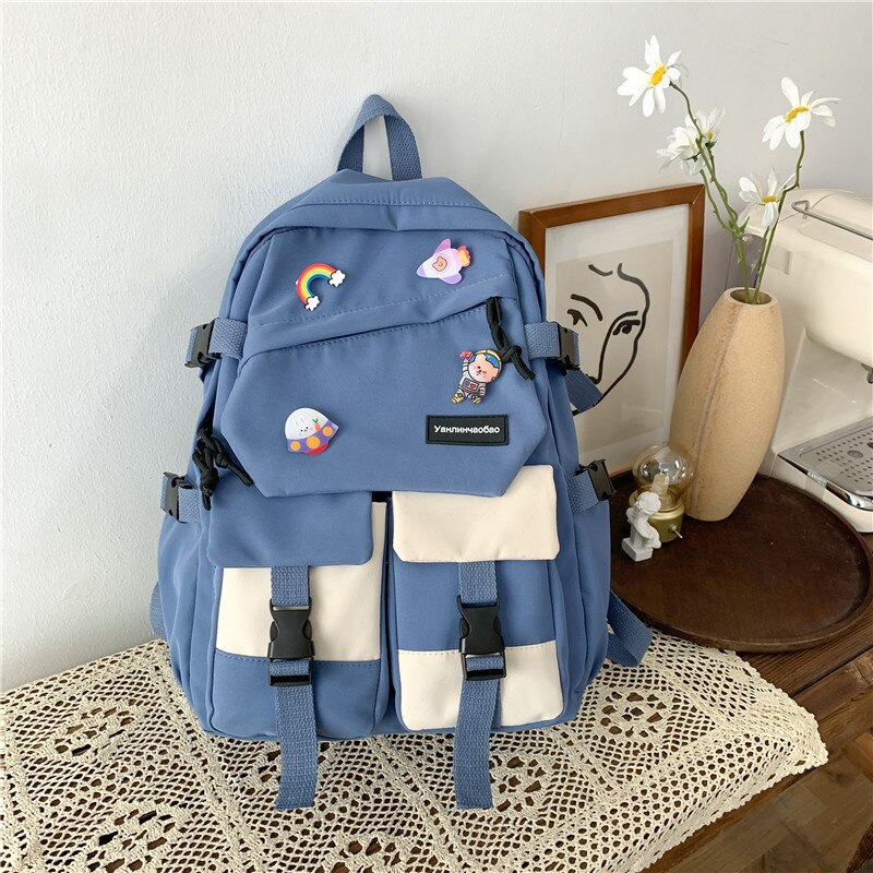 DCIMOR Neue Wasserdichte Nylon Frauen Rucksack Weibliche Multi-tasche Kontrast Farbe Reisetasche Teenager Mädchen Kawaii Schul Mochila: Blau / mit Eichhörnchen Abzeichen