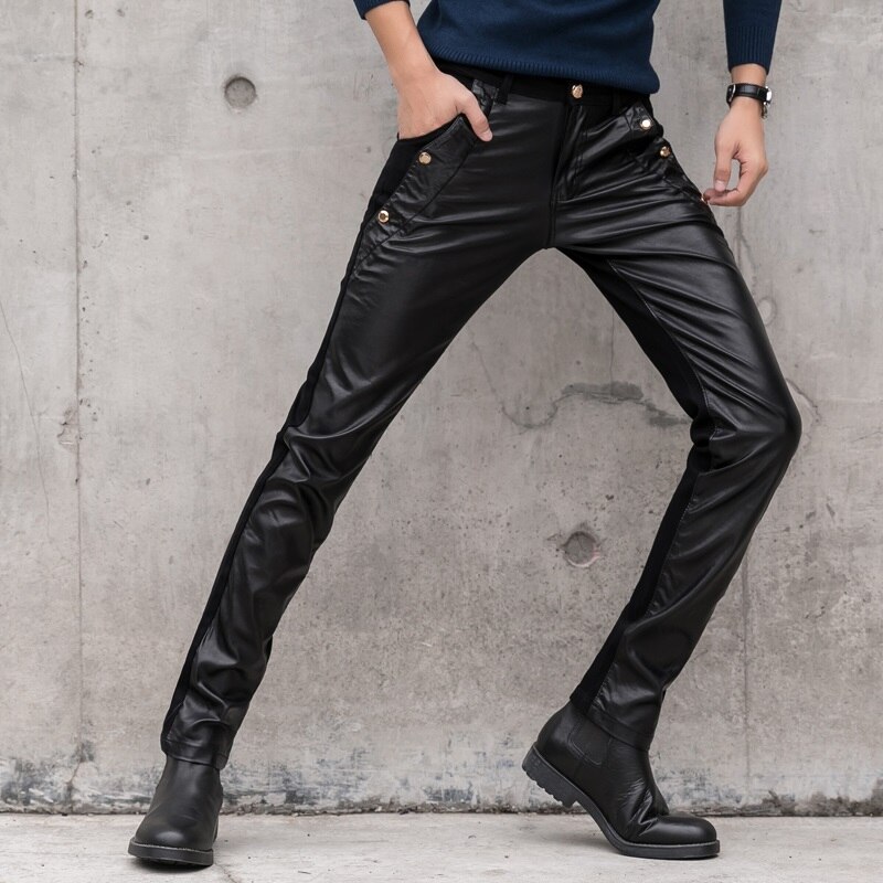 Mænds bukser imiteret læder jeans spliced denim bukser male stretch slim fit punk stage singer motorcykel casual bukser mænd
