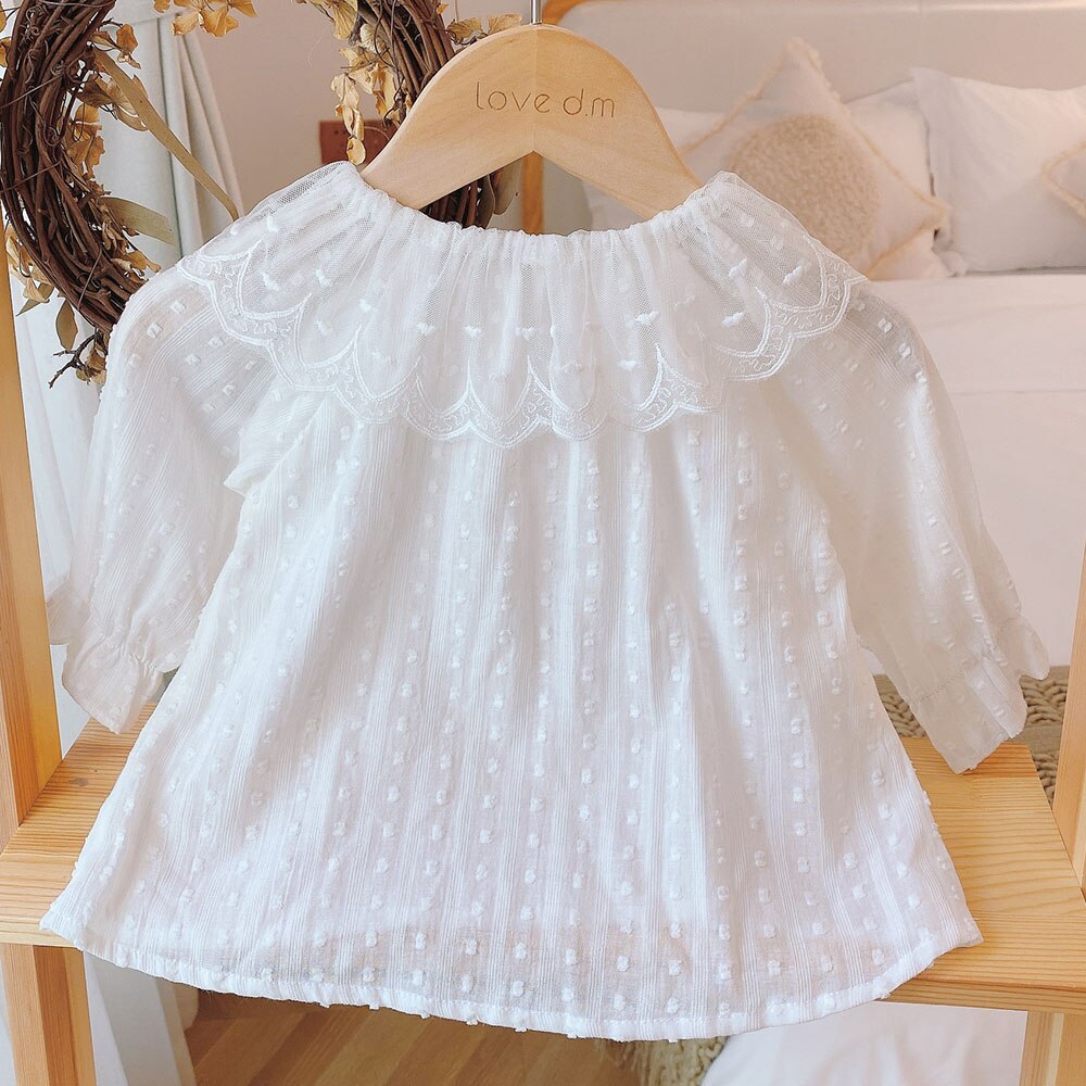 Blusas y Tops para niñas de otoño Amya , blusas blancas de encaje de Color sólido de princesa para niña bebé, Tops de manga larga, ropa para niños de cumpleaños