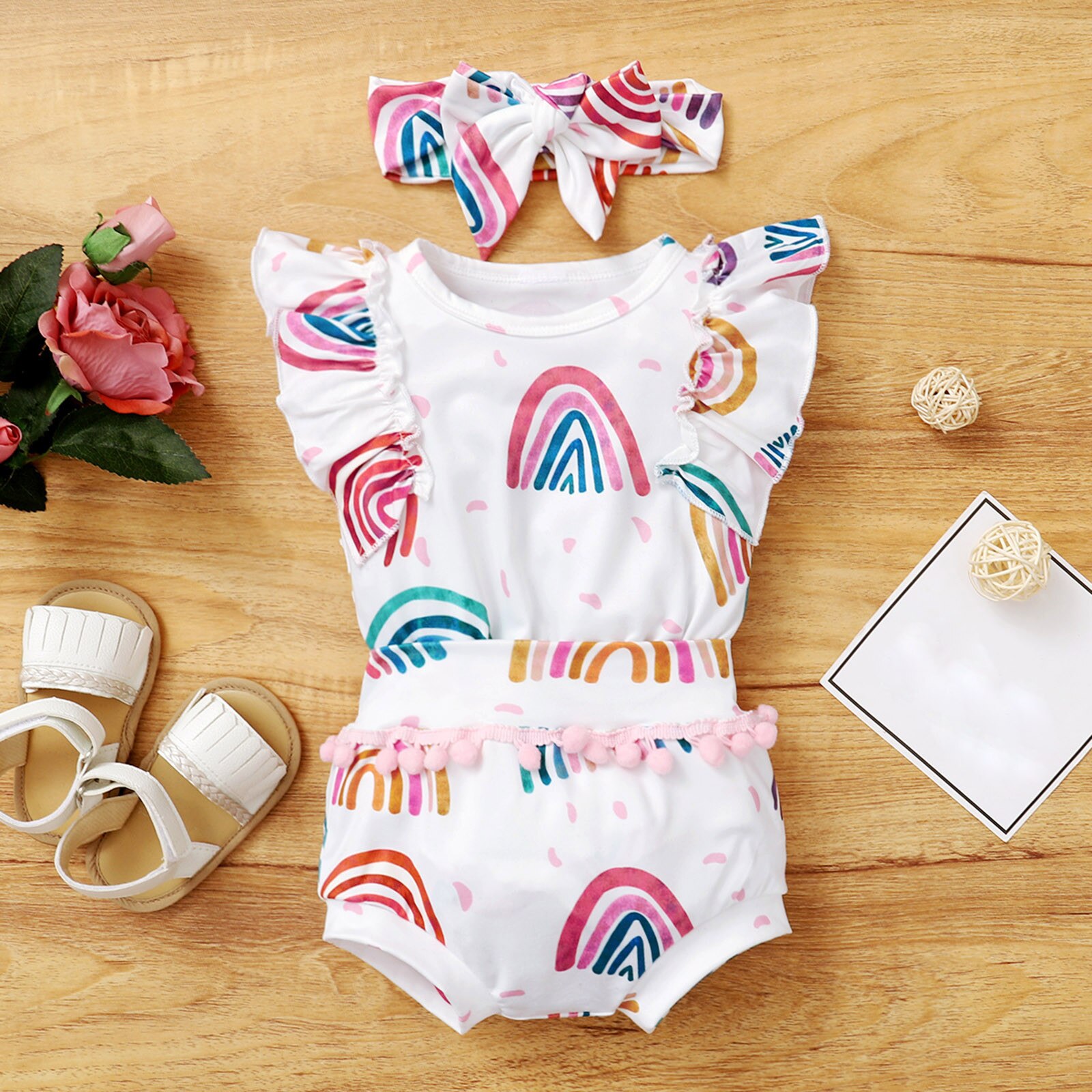 3Pcs Baby Zomer Baby Meisjes Ruffle Rainbow Gedrukt O-hals Romper Bodysuit Kwasten Shorts Outfits Meisjes Kleding G7 #