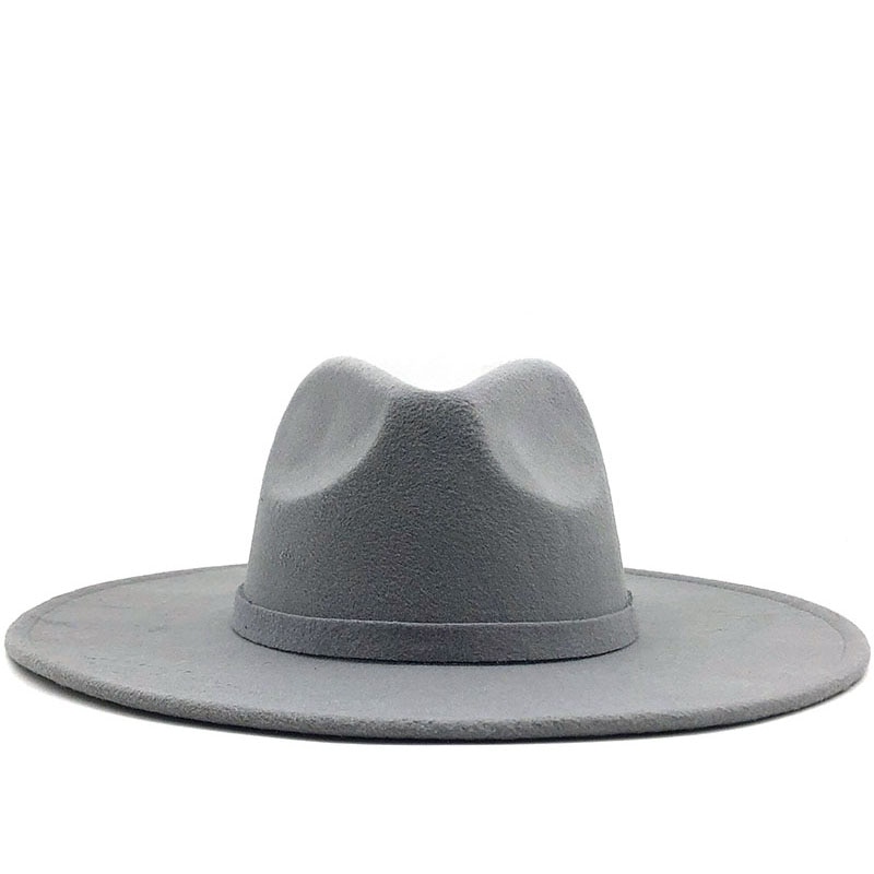 Bred randen fedora hat til kvinder ensfarvet uldfilt hat til mænd efterår vinter panama gamble grå jazz cap: Grå