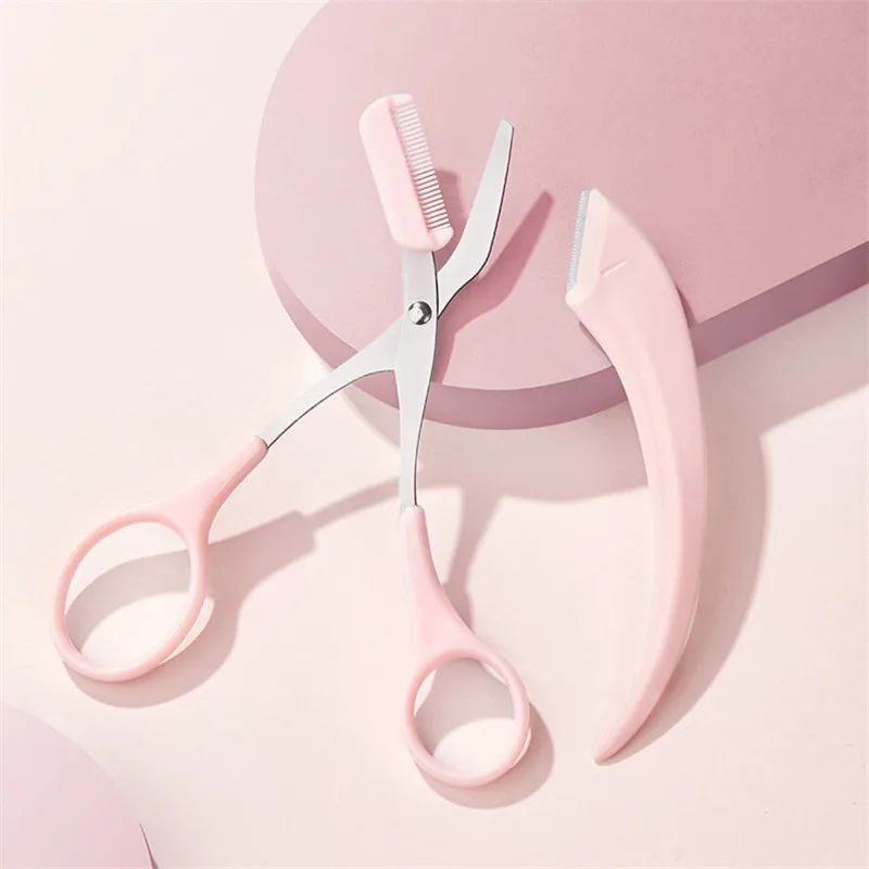 Augenbrauen schneider Schere mit Kamm Edelstahl Augenbrauen Wimpern Haars chere tragbare rosa Augenbrauen Trimmer Set Make-up Werkzeuge