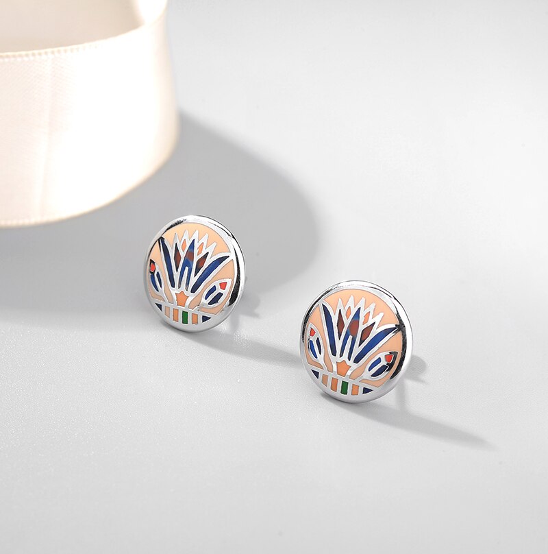 Round Colorful Glass Jewelry set for women Authentic 925 Sterling Silver charms pendant Earrings Party Enamel