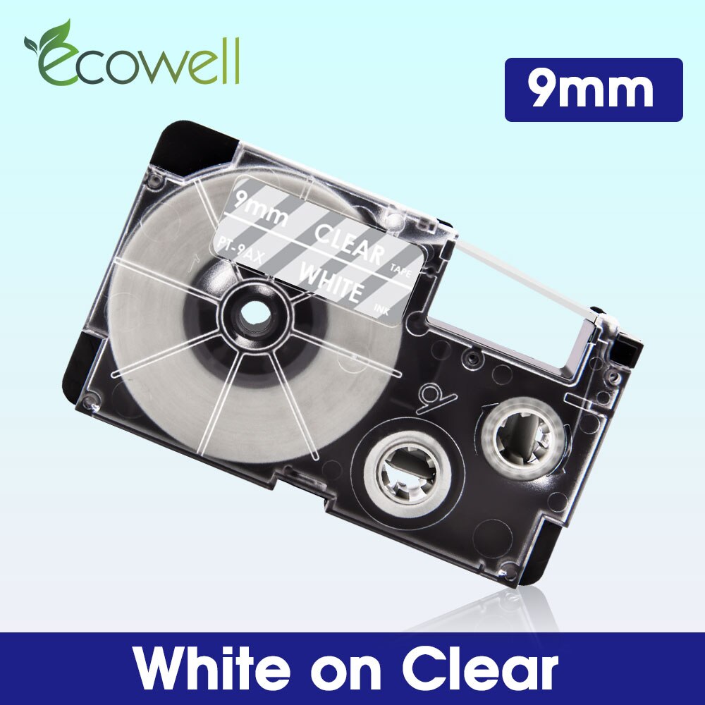 Ecowell XR-9WE XR-9X XR-9RD XR-9BU 9mm label For Casio XR-9YW XR-9GN XR-9GD label tape for Casio KL-60 KL-120 KL-100 Label Maker: White on Clear