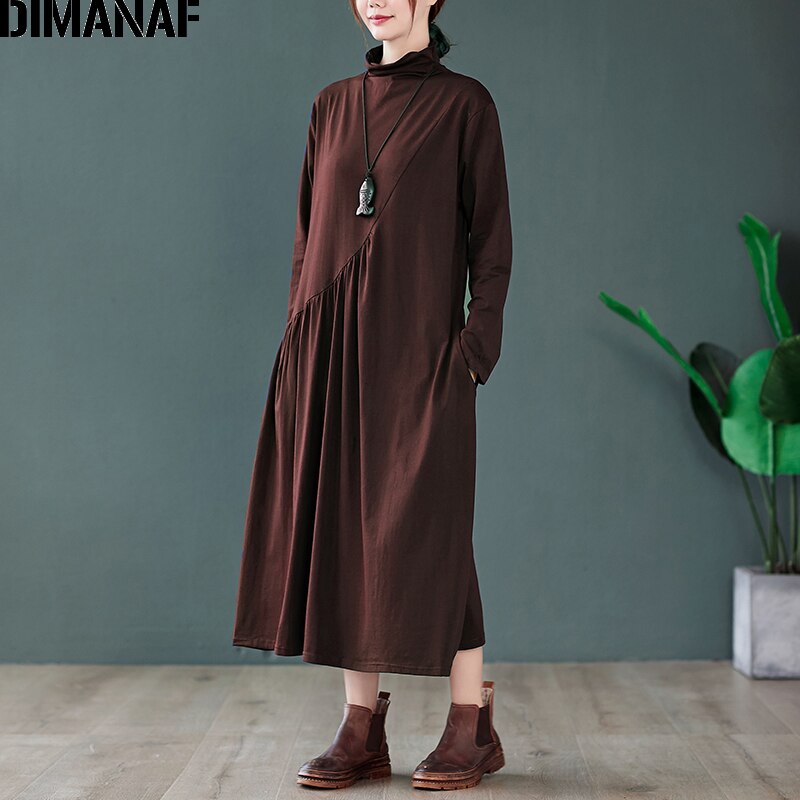 DIMANAF Autumn Winter Plus Size Women Dress Long Sleeve Turtleneck Lady Vestidos Cotton Pleated Loose Female Clothing
