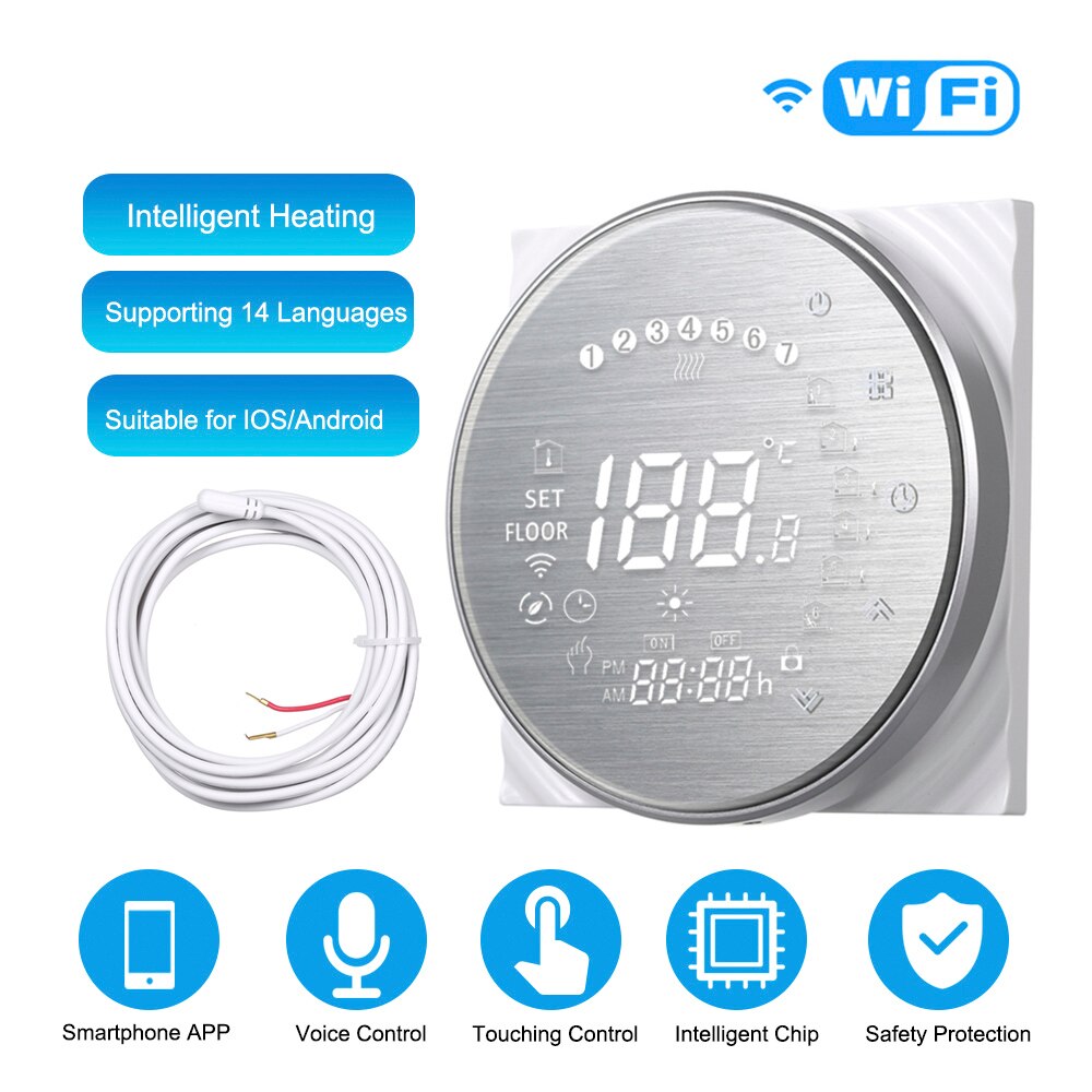 Smart Electric Heating Thermostat with Touchscreen LCD Display Weekly Programmable Room Temperature Controller 16A 95~240V GB: GB Al with WiFi