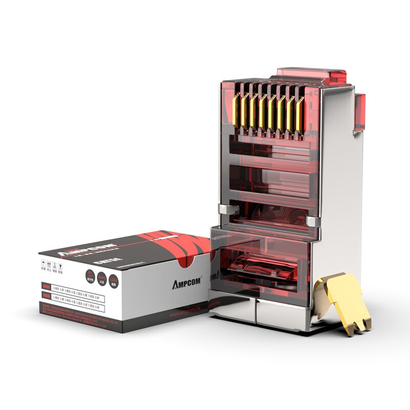 AMPCOM CAT5e Shielded RJ45 Modular Plug Connector 8P8C Crimp End Ethernet Cable Ethernet Connector Gold-Plated 50U: Red / 30PCS