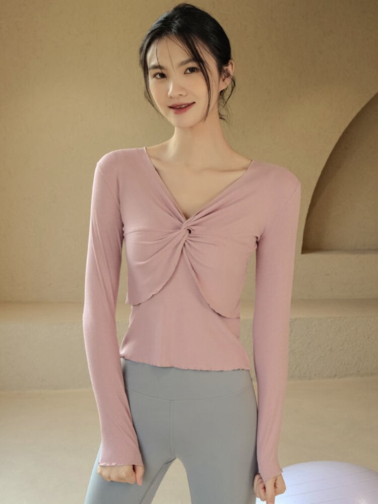 Badypczd yoga-kleidung herbst-fitness-tops für fitnessstudio und sport, tanztraining, langärmlige, figurbetonte fitness-t-shirts mit v-ausschnitt, lauf- und trainingsshirts: Rosa / S