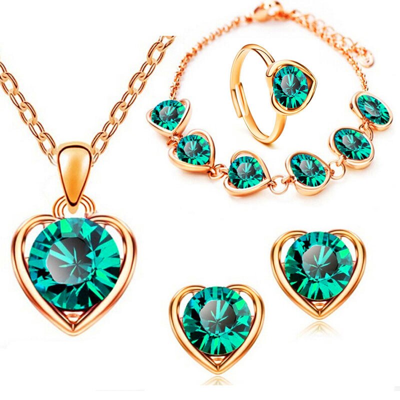 Luxury Female Rainbow Crystal Wedding Jewelry Set Cute Gold Silver Color Stud Earrings For Women Boho Love Heart Chain Necklace: green