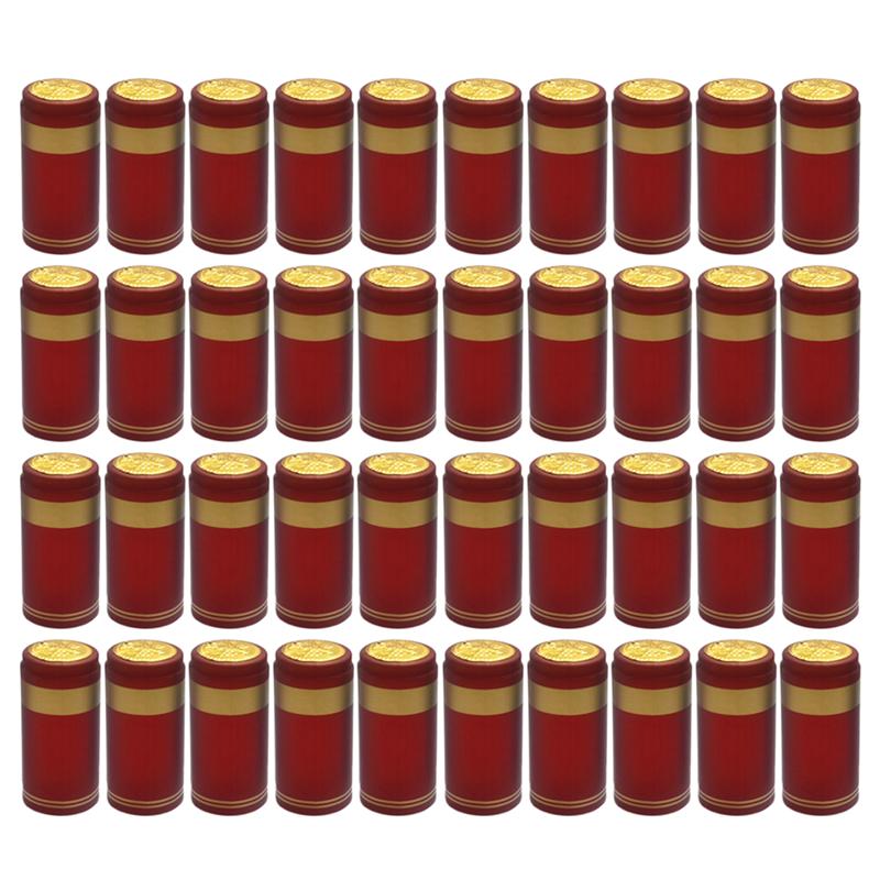 100 stk varmekrympekapsler vinflaskekapsler vinvarmekrympbar hætte vin krympefilmfolie til flaske med lige mund: Rød gylden kant