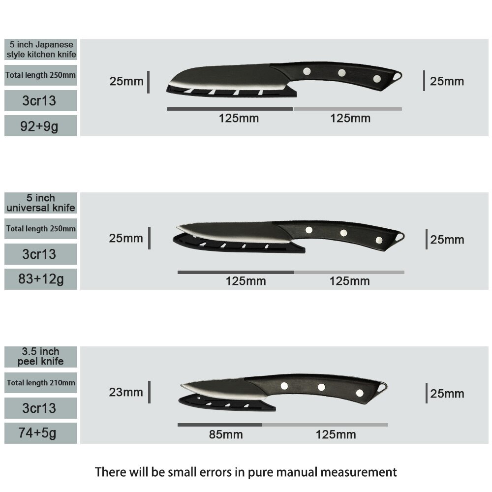 Sowoll Pro Kitchen Cooking Knives Set 8&#39;&#39; Chef 7&#39;&#39; Santoku Chopping 5&#39;&#39; Santoku Utility 3.5&#39;&#39; Paring Knife Sheath Cover Tools