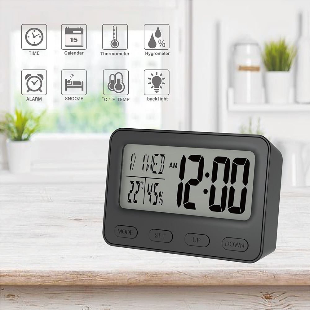 Electronic kids bedside wake up alarm clock digital LCD desk clock with indoor thermometer and hygrometer calendar and snooze