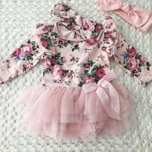 Nyfødt smålåve baby jente klær sett med blomster fluermer tutu blondekjole klær + pannebånd antrekk klær sett