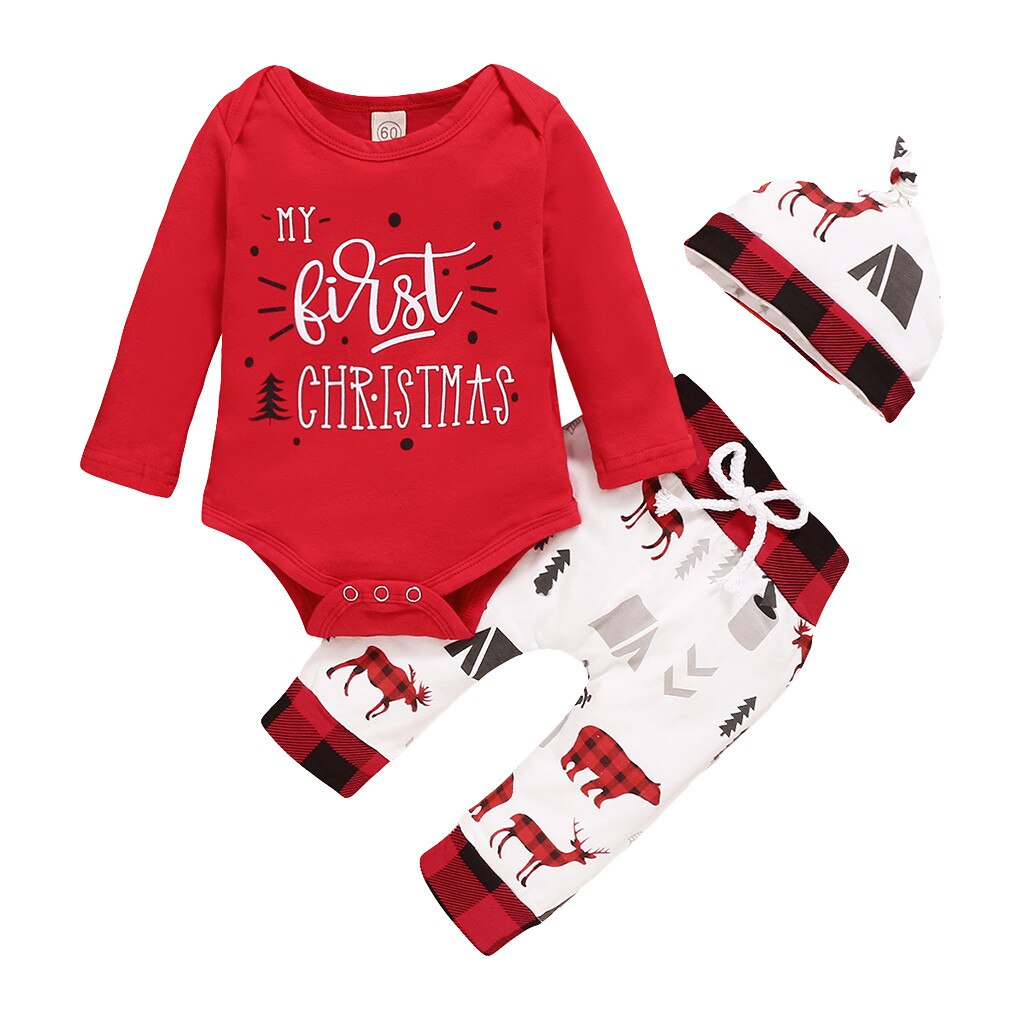 Drei-stück Baby neue Weihnachts Strampler Kleinkind Baby Junge Mädchen Weihnachten knapp Karosserie Strampler + Karikatur Hosen + Hütte Outfits Y4: 12-18 Monate