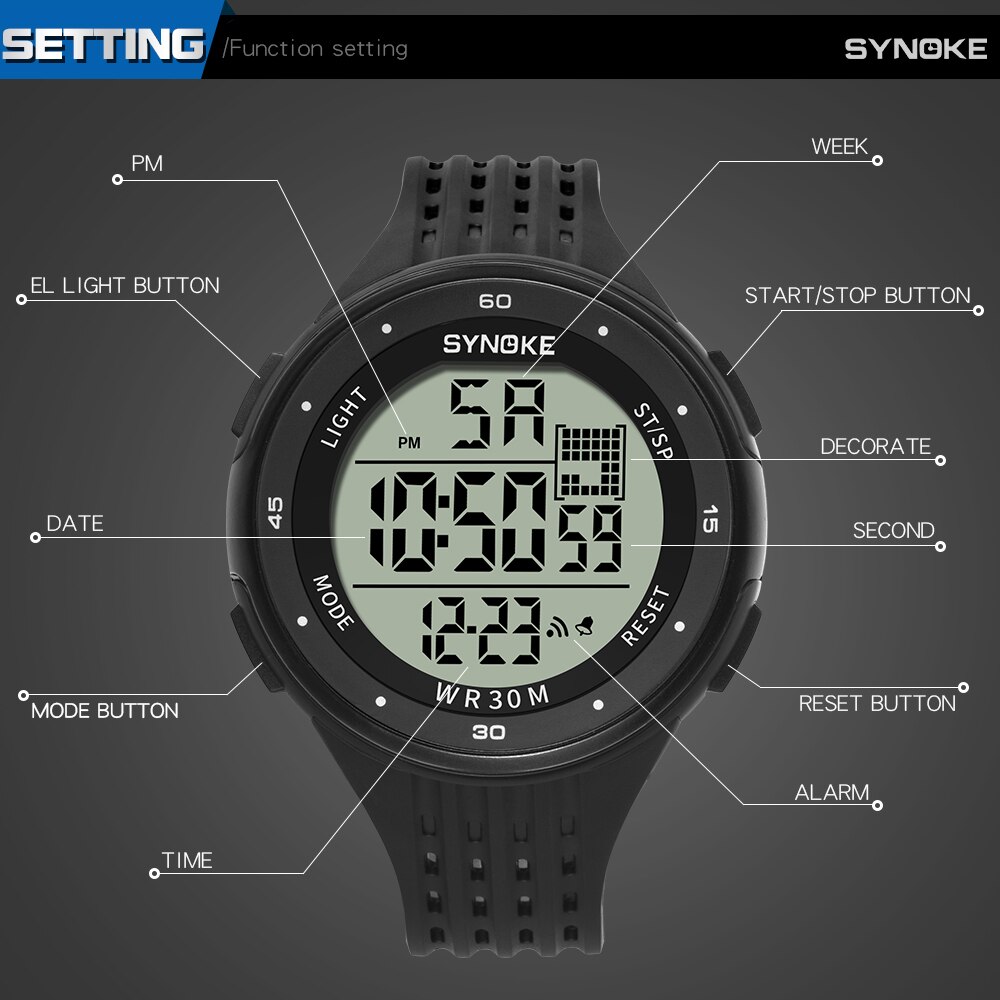 Synoke Mannen Digitale Horloge Led 3M Waterdichte Mannelijke Horloges Chronograaf Kalender Alarm Sport Horloges Relogio Masculino
