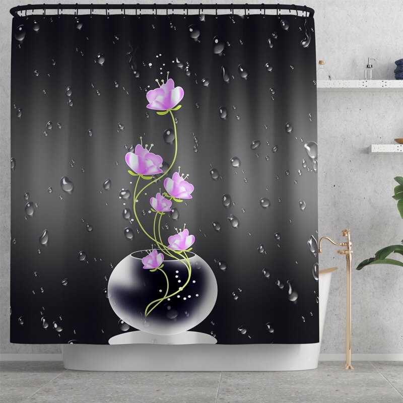 Gedrukt Bloemen Badmat En Douchegordijn Set Microfiber Wc Cover Badmat Badkamer Voet Mat Absorberende Wc Vloer Tapijt: Shower Curtain-805