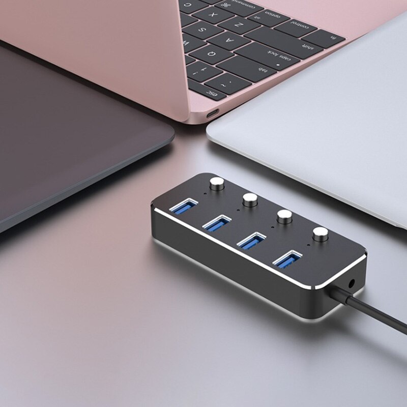 LED Indicators Home Aluminum Alloy 4-Port Power Supply Extender Portable Switches PC USB Hub Laptop Notebook High Speed Splitter