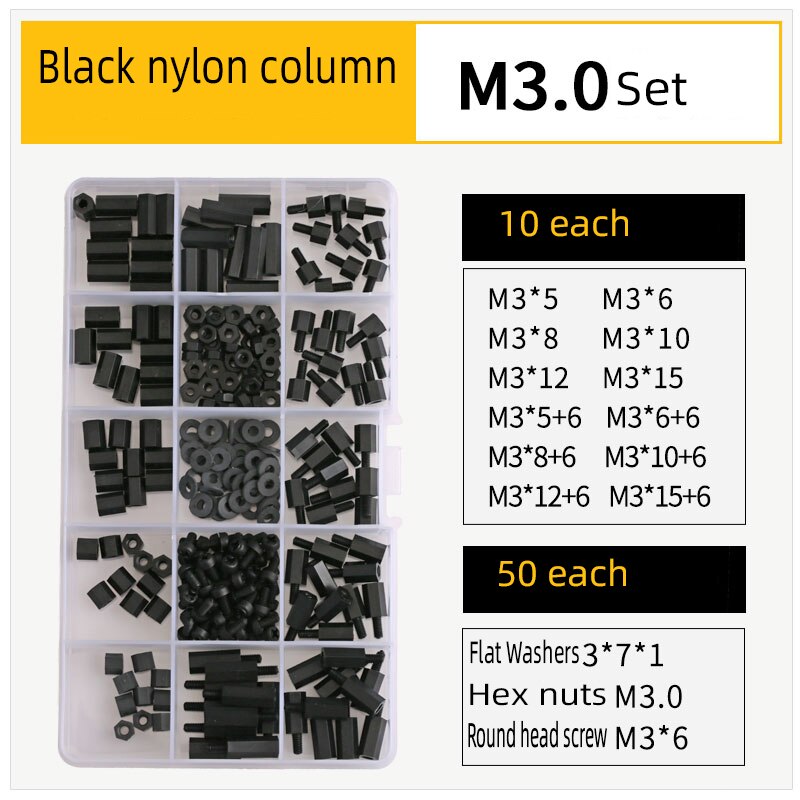 210 st/set  m2 m2.5 m3 m4 svart/vit hex nylon distans distans kolumn platt huvud plast mellanrum skruvar muttrar