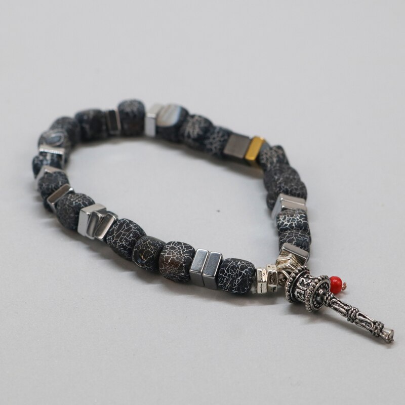 Tibetan Buddha Lotus Bracelet Men Natural Square Weathered Onyx Mala Spiritual Bracelet For Women For Him DX-15