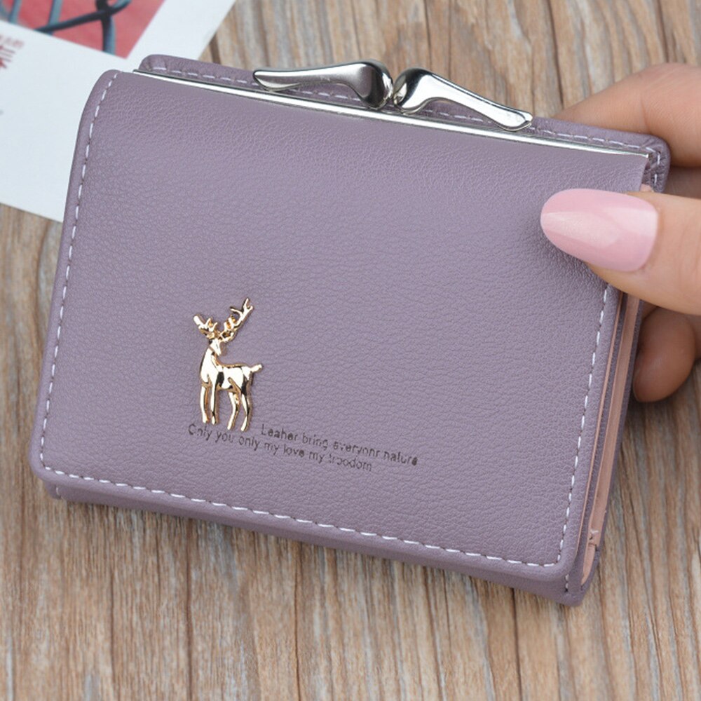 Cute Wallets Leather Women Wallets Short Wallet Student Coin Purse Card Holder Ladies Clutch Bag Small Deer Female Purse: A-purple