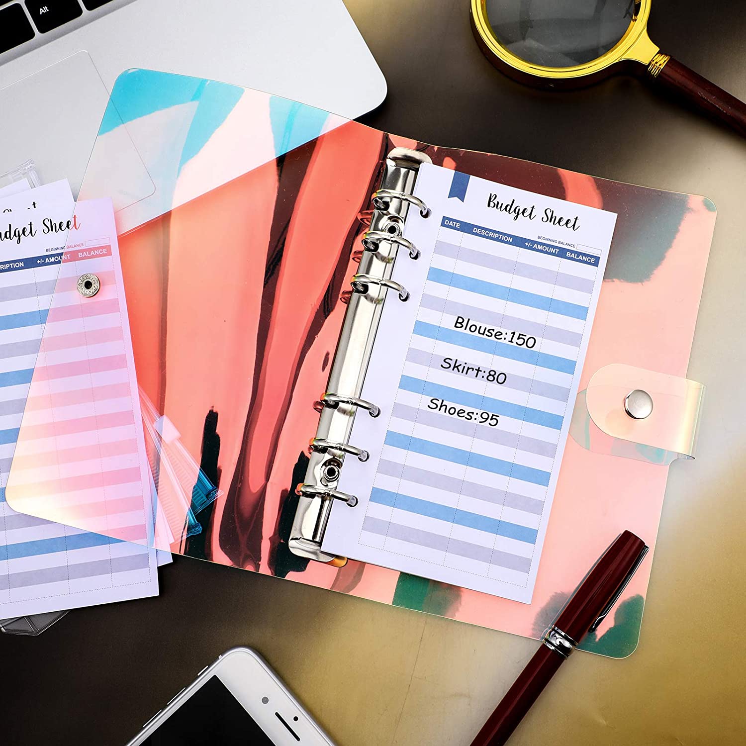 28 Pieces A6 Binder PVC Notebook Waterproof 6-Ring Binder Cover with Pockets Budget Sheets Card Bag and Labels