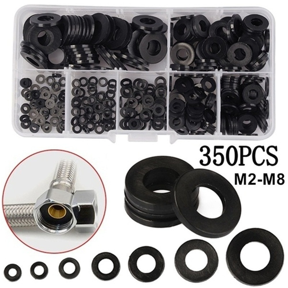 350 stk 7 størrelser svart isolasjonsring nylon flat skivepakning sortimentsett  m2 m2.5 m3 m4 m5 m6 m8 oppussing