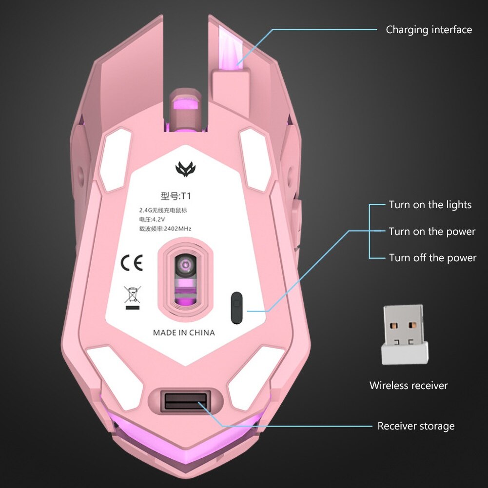 T1 Ergonomic 2.4G Rechargeable Silent Backlit USB Optical Wireless Gaming Mouse 6 Keys Gaming Mouse Surfing The Mouse Pink Black