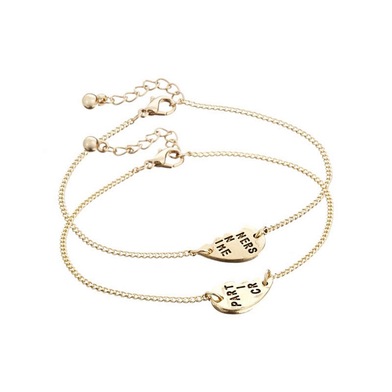 1Pair Gold color Best Friends BFF Forever Partners In Crime Valentine Split Heart Pendant Bracelet Set
