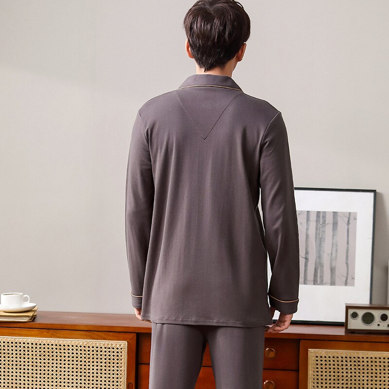 Pijama 100% de algodón para hombre, ropa de dormir de manga larga delgada y pantalones, traje informal para el hogar, camisón de talla grande L-3XL, Otoño e Invierno