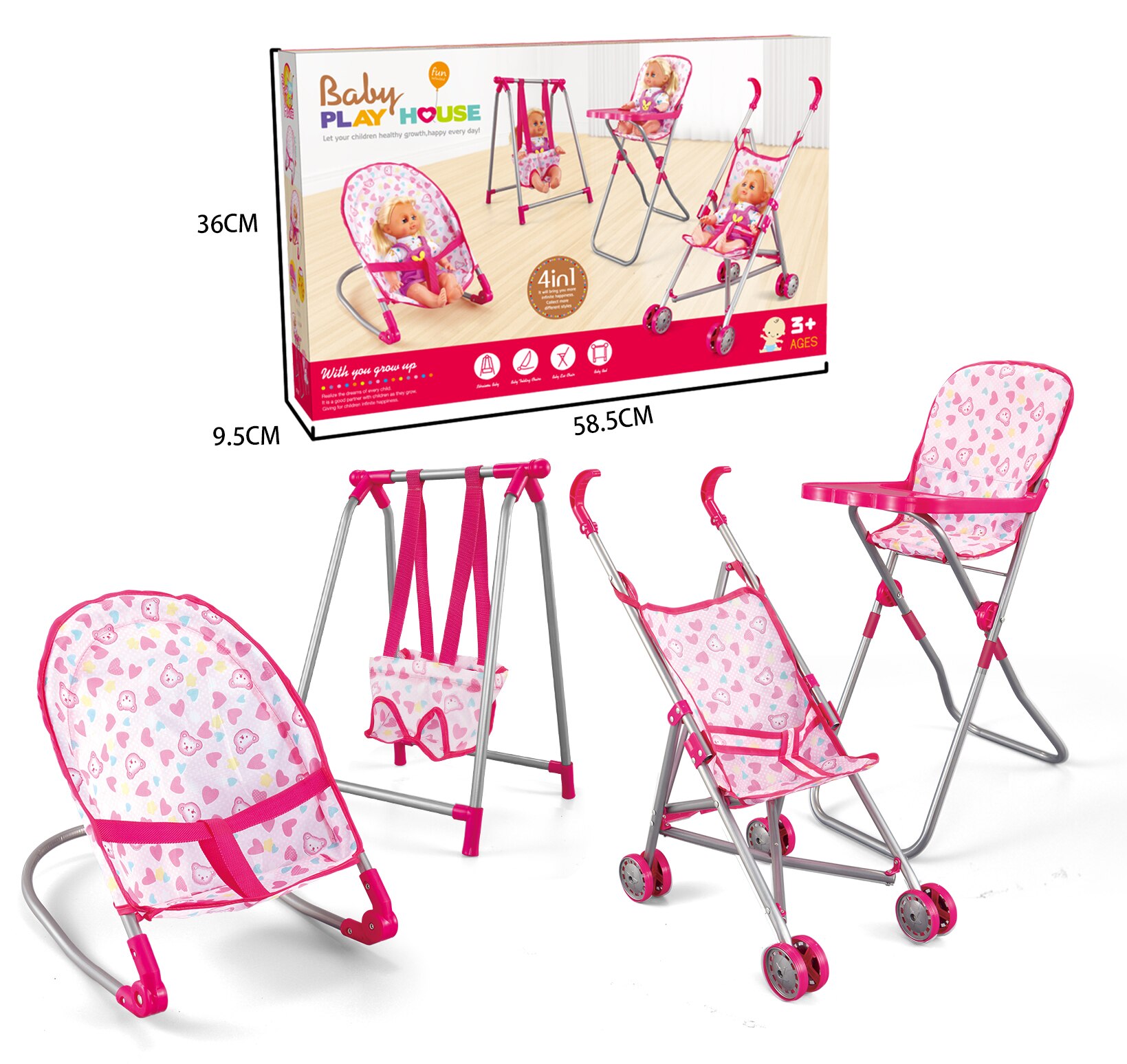 4 in 1 Baby Children Foldable High Dinning Chair Swing Chair Stroller Cot Bed Dolls Toys Set box Pretend Play funiture Toys: CS8847