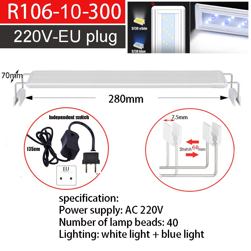 Aquarium Water Aquarium 20-60Cm Water Tank Led Verlichting, wit En Blauw Licht Ultra-Dunne Telescopische Vis Tank Beugel Lichten: R106-300-110vEU plug
