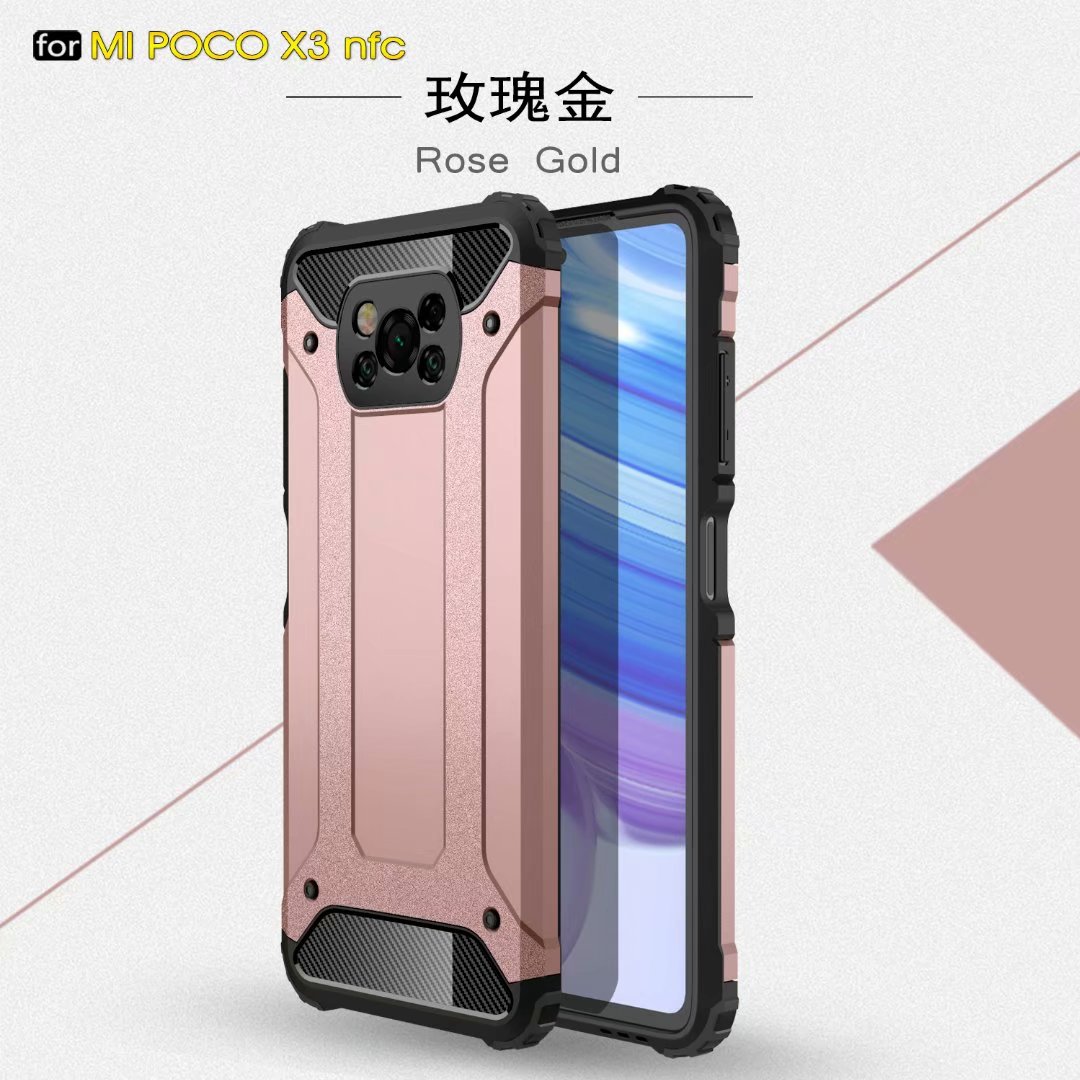 Armor Case For Xiaomi Poco X3 NFC Cases Forsted Surface Metal Pattern Hybrid PC + Silicone Shockproof Back Cover Poco X3 Case: Rose Gold