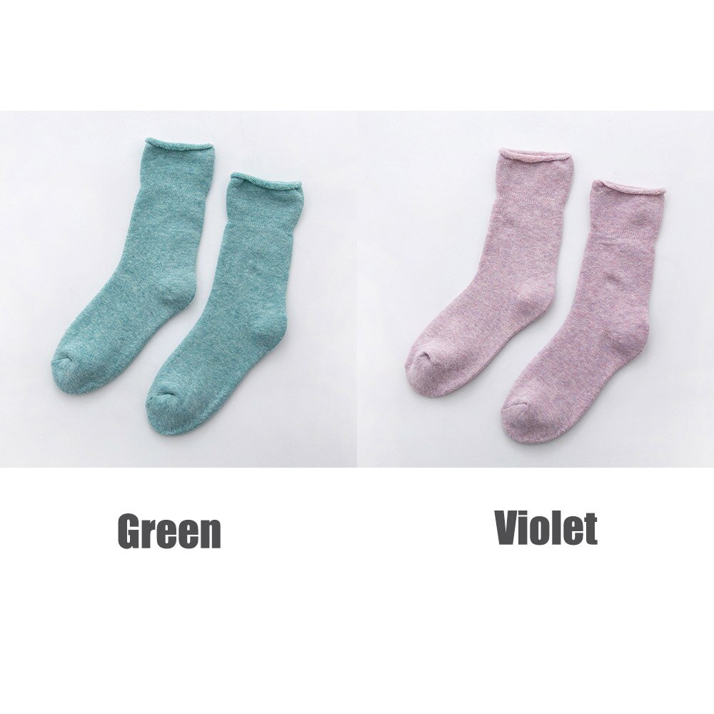 2 Paar Dikke Vrouwen Sokken Set Warme Katoen Sok Herfst Winter Effen Kleur Vrouwelijke Losse Mond Badstof Sokken Dames ademend: green violet