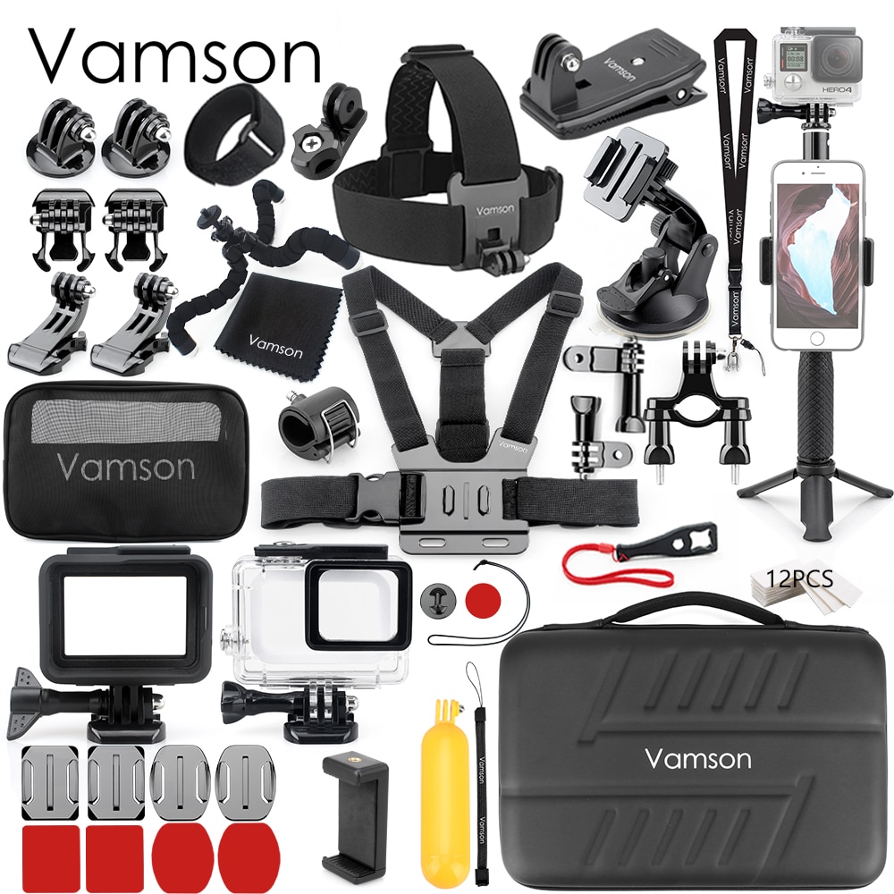 Vamson voor Gopro Statief Monopod Hoofd Borstband Mount voor go pro hero 7 Zwart 6 5 Camera Accessoire Set Behuizing case VS72