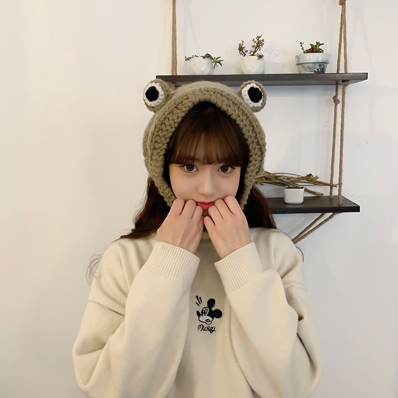 Frog Hat Beanies Knitted Winter Hat Solid Hip-hop Skullies Knitted Hat Cap Costume Accessory Warm Winter Bonnet: Coffee