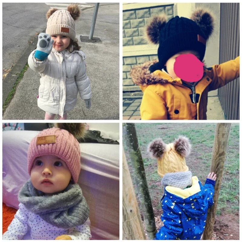 Truenjoy børn vinterhue strikket ensfarvet beanies hatte pomponer baby strikket kraniumhue børn piger drenge