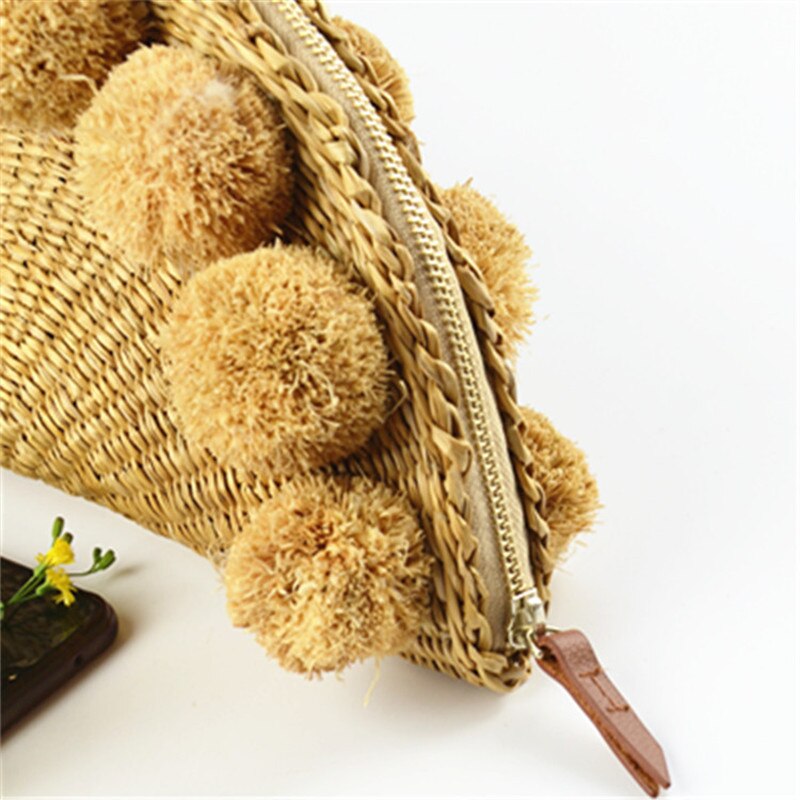 Summer Travel Straw Bag Hand Made Knitting Pom Pom Ball Mini Sector Clutch Bag Beach Bag Ladies Hand Bags