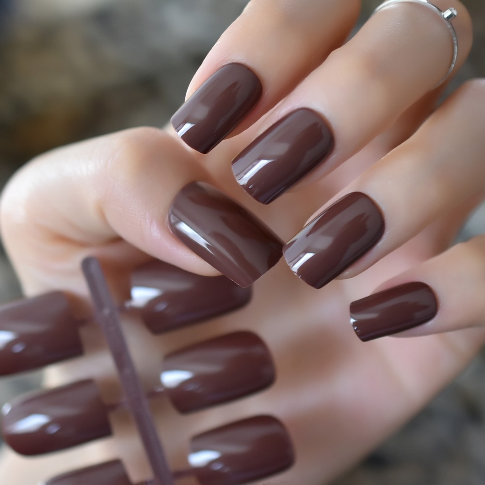 Uv-gel vierkante nepnagels donkerbruine chocoladebruine middellange nepnagels coole doe-het-zelf manicuretips 24 stuks/set
