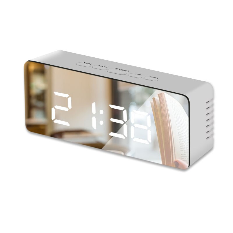 Long Music LED Digital Alarm Clock Mirror Clocks Temperature Date Display Desktop Home Table Decoration Electronic Clock: White-B